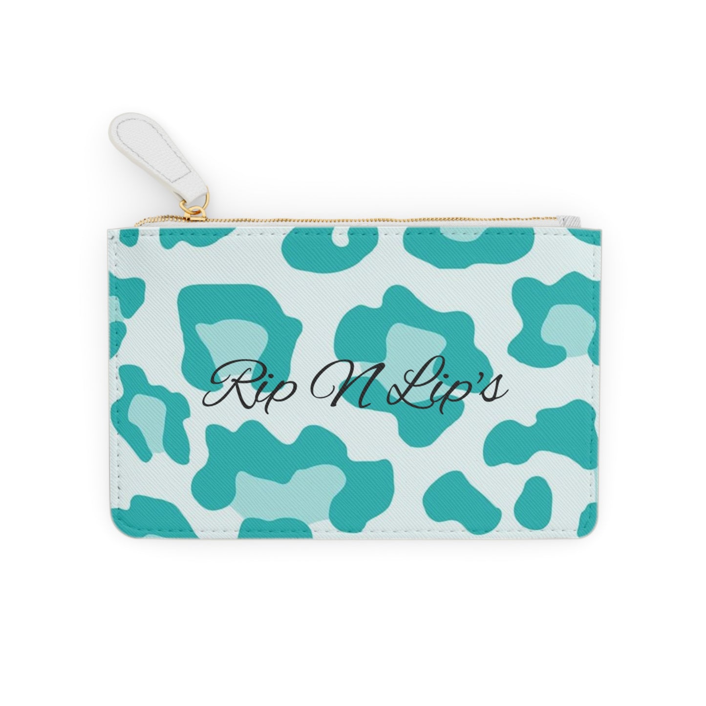 Mini Clutch Bag — Teal Leopard Print Personalized Makeup Pouch ("Robby's Soft Plastics" / "Rip N Lip's")