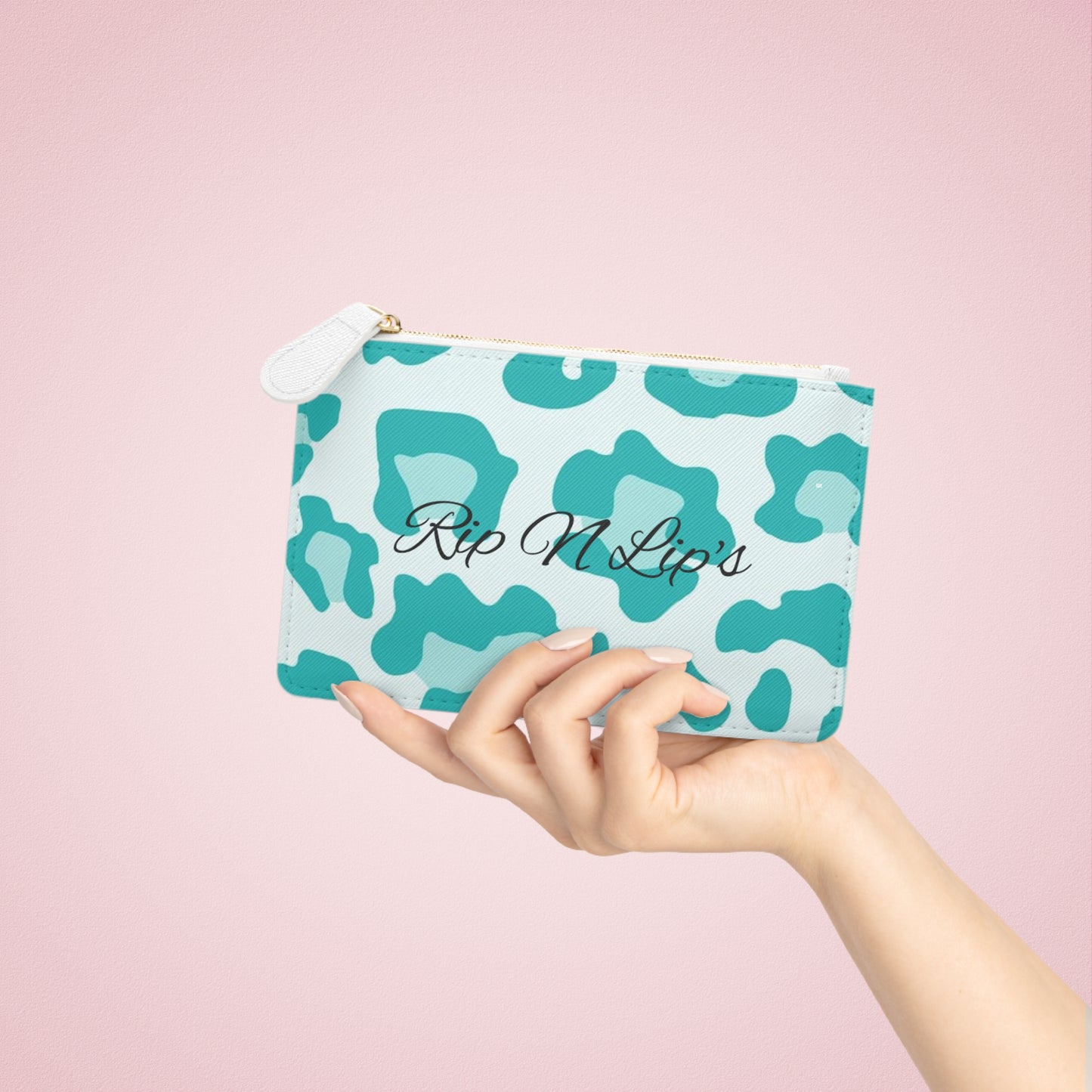Mini Clutch Bag — Teal Leopard Print Personalized Makeup Pouch ("Robby's Soft Plastics" / "Rip N Lip's")