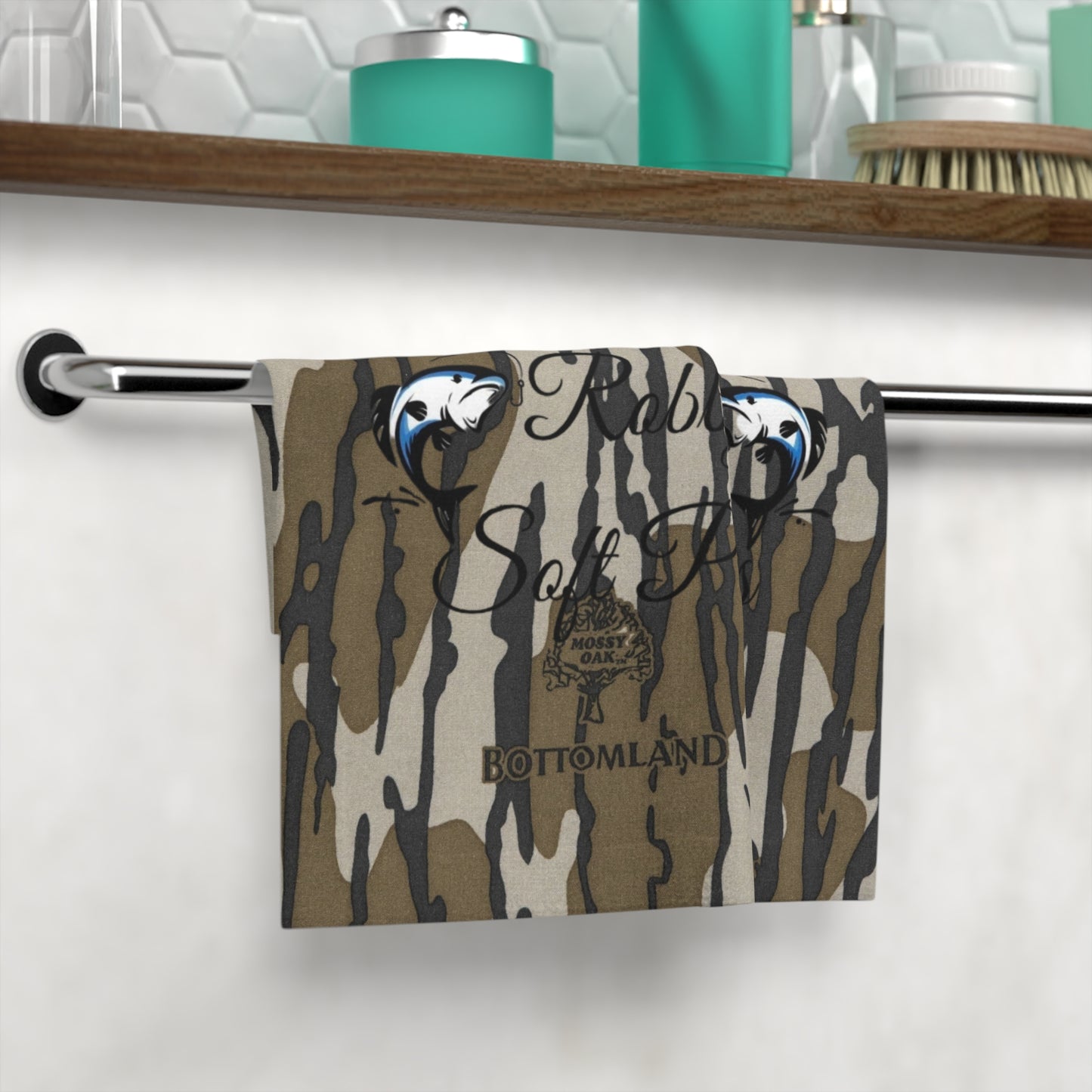 Camo Fishing Face Towel — 'Robby's Soft Plastics' Logo