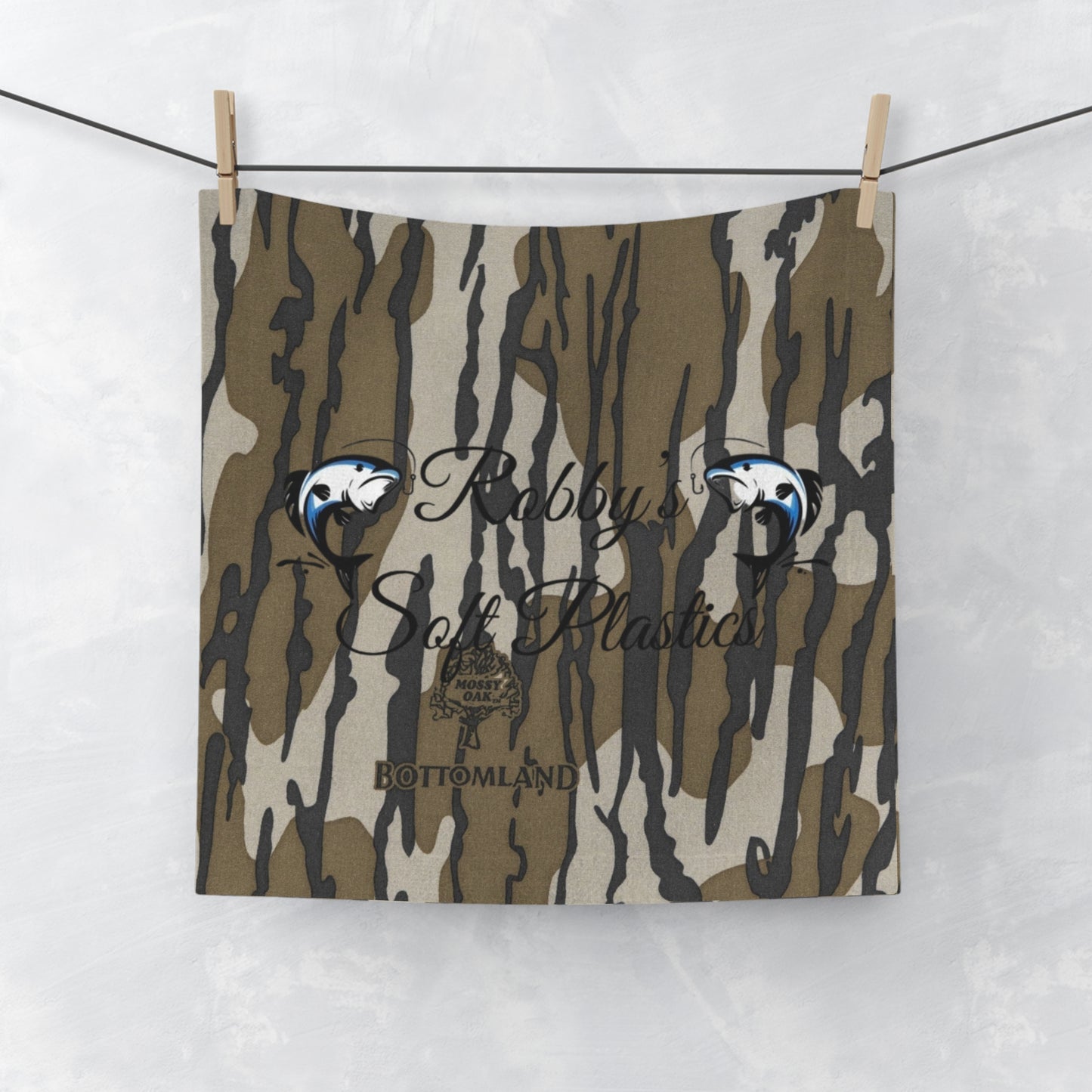 Camo Fishing Face Towel — 'Robby's Soft Plastics' Logo