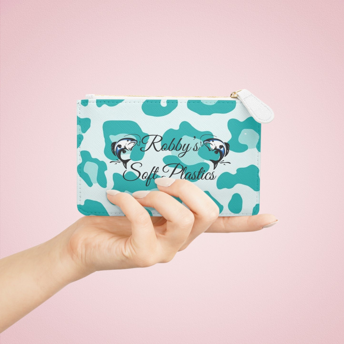 Mini Clutch Bag — Teal Leopard Print Personalized Makeup Pouch ("Robby's Soft Plastics" / "Rip N Lip's")