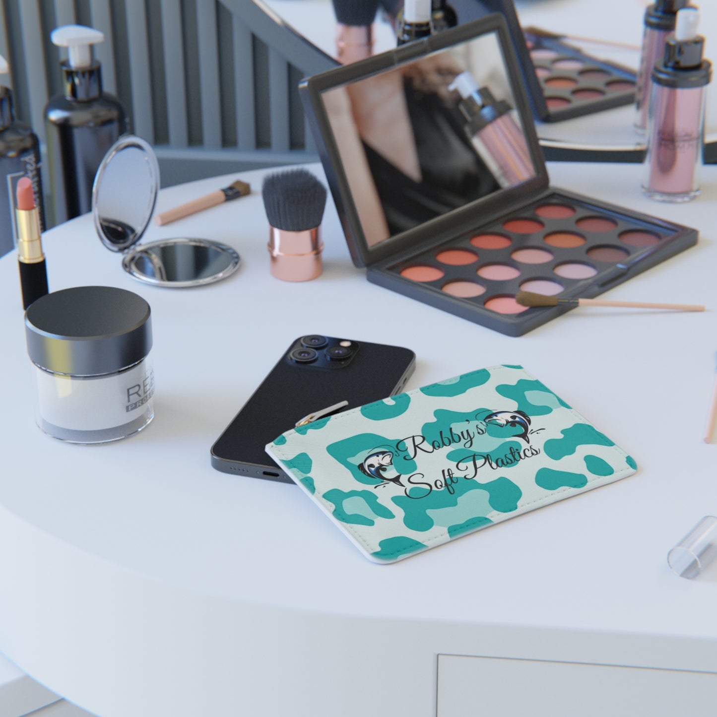 Mini Clutch Bag — Teal Leopard Print Personalized Makeup Pouch ("Robby's Soft Plastics" / "Rip N Lip's")